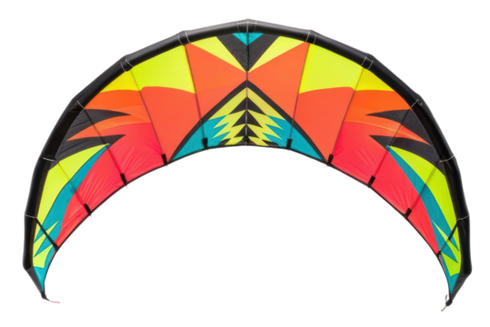 Colorful kitesurfing kite designed for extreme water sports and fun in the sun during summer vacation at the beach