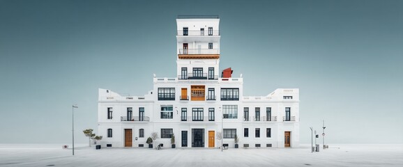 White building with tower, small windows, and doors. Minimalist design
