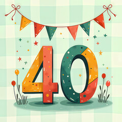 A festive 40th birthday illustration featuring large, bold numbers 40 adorned with confetti and stars. The background is a green and white checkered pattern with a colorful banner.