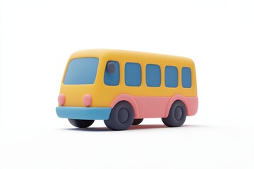 3D icon of a pastel-colored school bus with soft rounded shapes in yellow, pink, and blue tones. Minimal design perfect for kid-friendly visuals, apps, or educational content.
