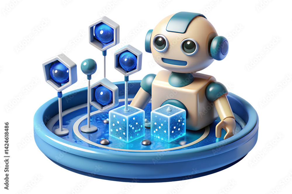 Poster adorable robot exploring futuristic data cubes and molecular structures