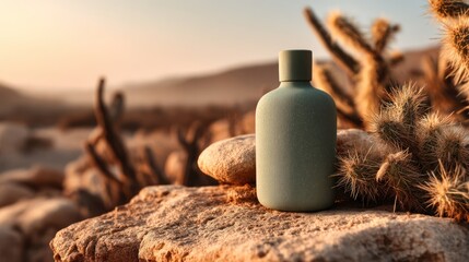 Desert-inspired fragrance bottle nestled amongst desert rocks and cacti.