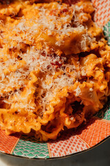 ribbon-shaped pasta with red sauce and parmesan cheese