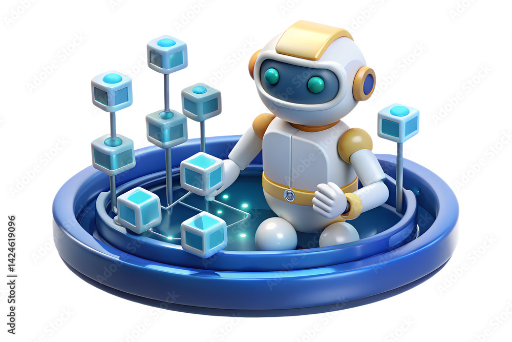 Poster friendly robot managing data cubes in a futuristic interface