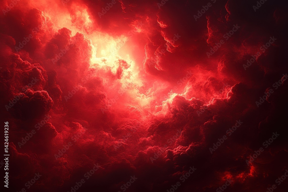 Poster dramatic red clouds fill the sky at sunset, creating an intense atmosphere above the horizon during 