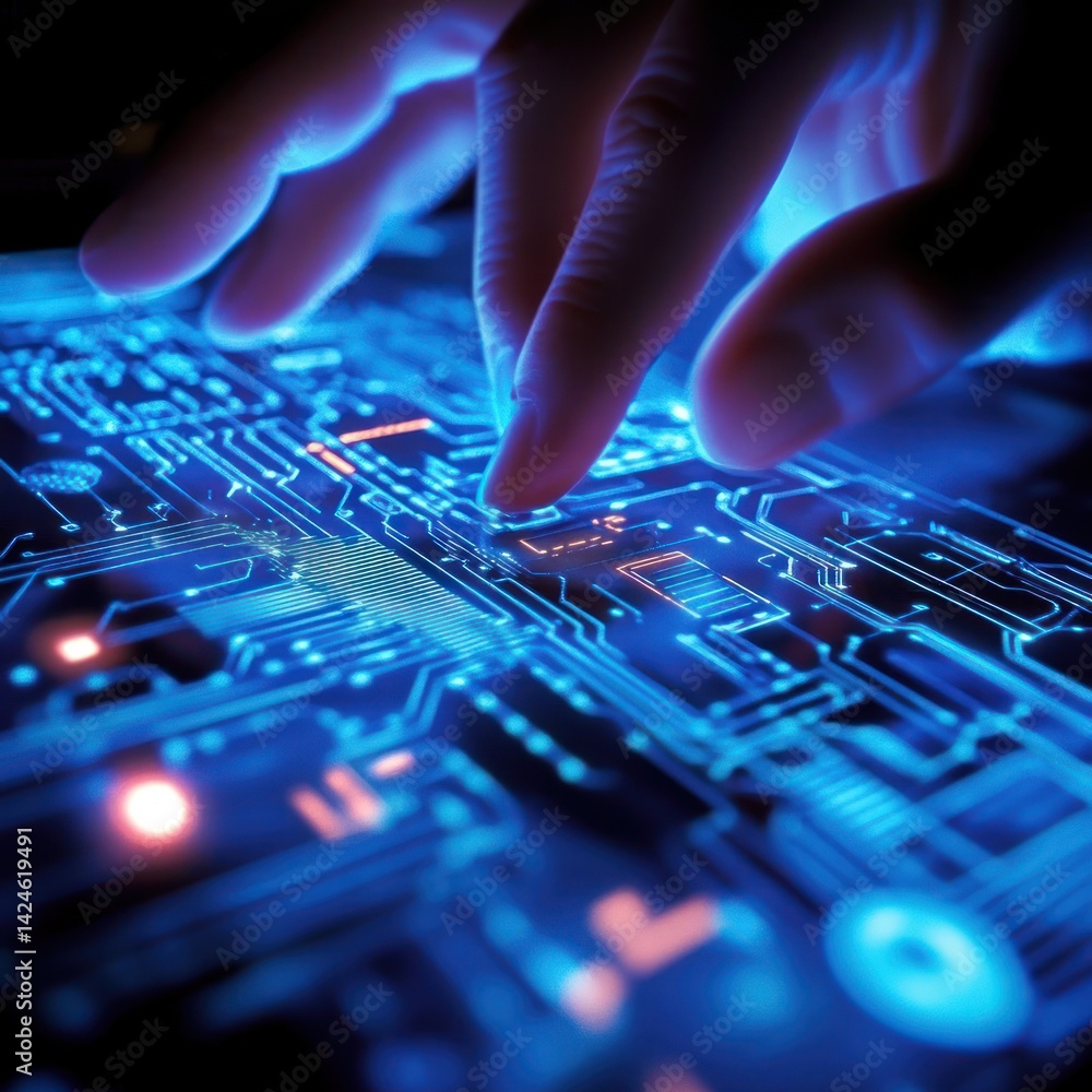 Poster digital interaction: a close-up of fingers interacting with a glowing circuit board, representing th