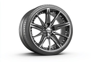 Fototapeta premium Car tire with chrome rim isolated on white background