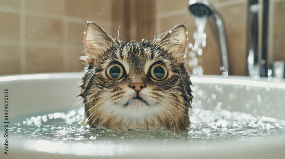 Poster a close-up of a cat sitting in a shallow bath with gentle water splashing around, showing its curiou