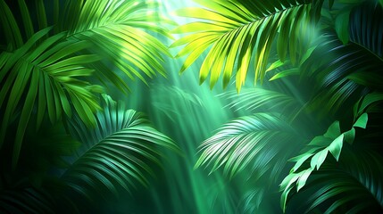 Lush green tropical foliage, sunlight beams