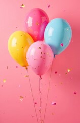 Bunch of colorful balloons on pink background. Birthday concept.