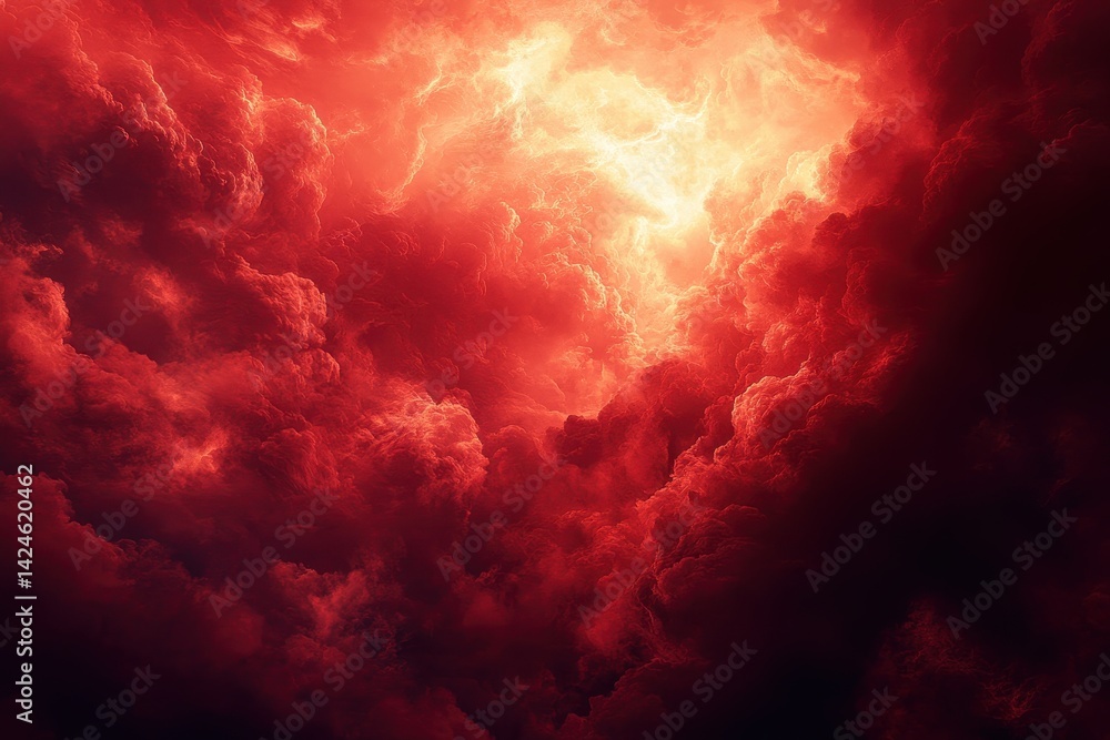 Poster dramatic red clouds fill the sky at sunset, creating an intense atmosphere above the horizon during 