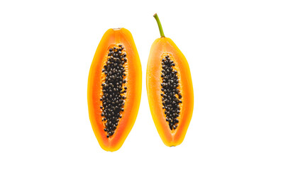 Fototapeta premium Two halves of a papaya, sliced open, showcasing the vibrant orange flesh and black seeds