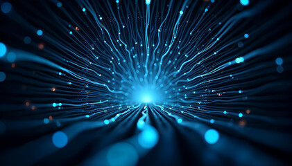 Glowing VPN tunnel filled with flowing network cables and data light paths, representing privacy protection, anonymous browsing, and secure internet communication