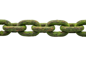 Rusted garden chain with moss, illustrating nature's reclaiming process through wear and age