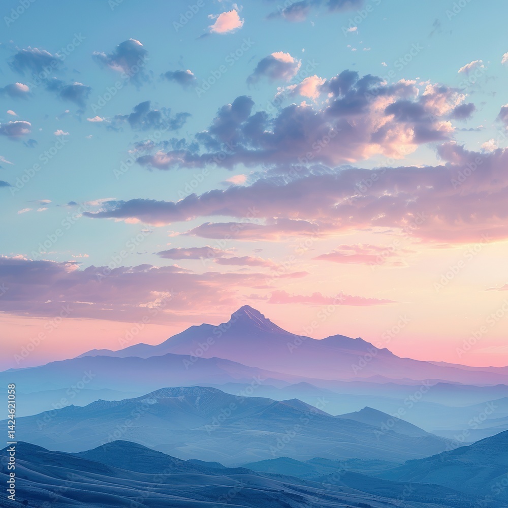 Poster a distant mountain range bathed in the soft glow of the setting sun, with wisps of clouds drifting a