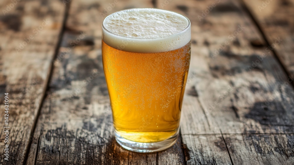 Poster a close-up of a frothy glass of beer with bubbles rising, set against a rustic wooden table, with a 