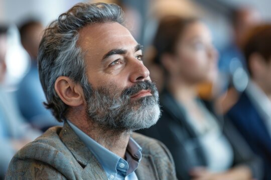 Middle aged man with beard attentively listening at a conference. Blurred background of other conference attendees