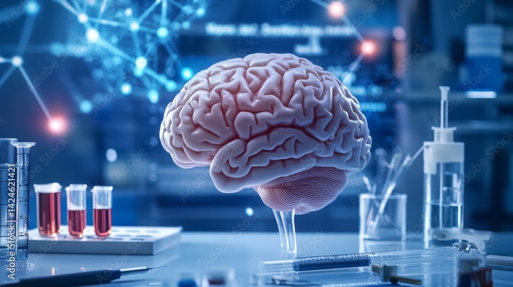 Poster a close-up of a human brain in a laboratory setting, with scientific tools and notes surrounding it,