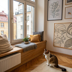 Tabby cat sitting peacefully on rug near window seat in modern minimalist room.