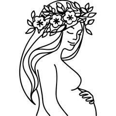 Pregnant woman smiling with floral crown in minimalist style  