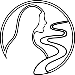 Minimalist line art of a woman with flowing hair and river  