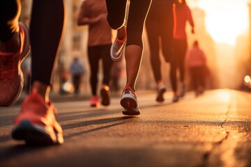 Fototapeta premium close up of feet of a group of runners in the city sunset jogging