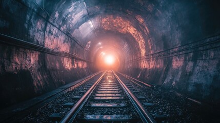 Obraz premium A chilling, dark tunnel with a train track, the track stretches far into the blackness.