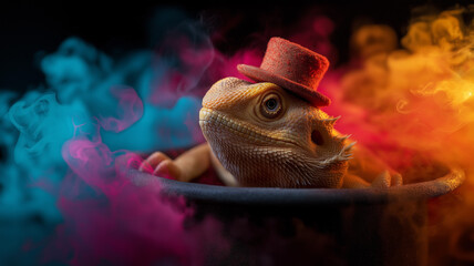 Obraz premium Bearded dragon wearing tiny hat, popping out of magician’s hat, colorful smoke around, fantasy light