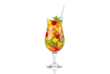 Tropical fruit cocktail in a glass garnished with mint and colorful fruits for summer refreshment and enjoyment