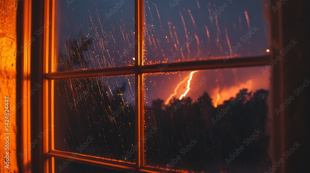 Poster A close-up shot of a window pane with raindrops and streaks of lightning visible outside, emphasizing the storms ferocity and the safety of the indoor environment.