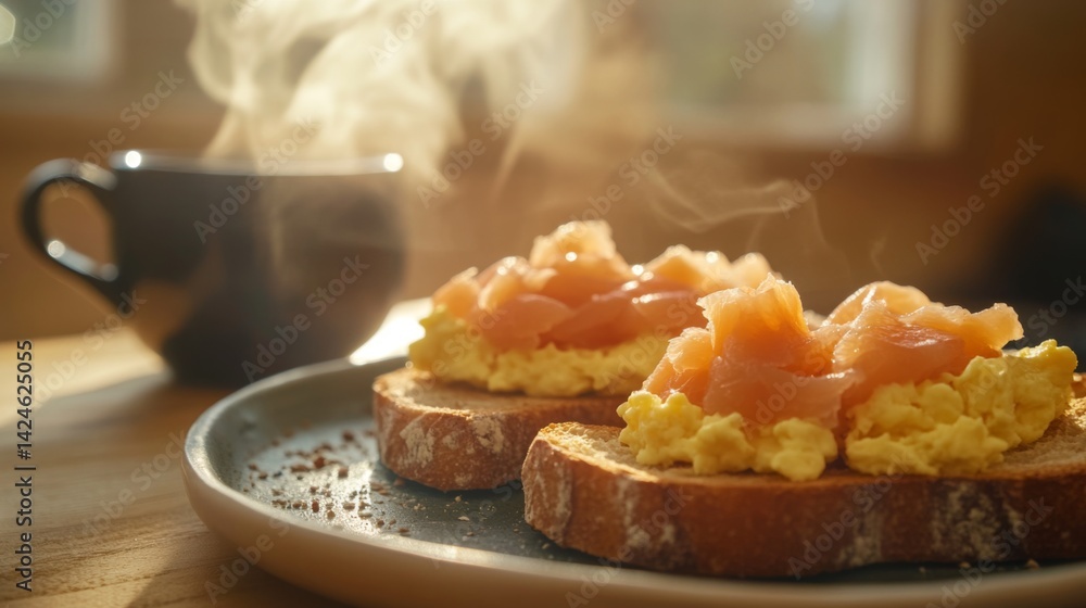 Poster A cozy breakfast scene featuring two slices of toasted bread topped with scrambled eggs and smoked salmon, with a cup of coffee steaming in the background.