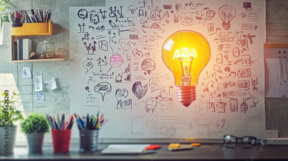 Poster A creative workspace with a whiteboard full of brainstorming sketches and notes, capturing the essence of innovative thinking and idea generation.