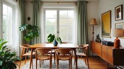 Fototapeta premium Bright Mid-Century Modern Dining Room with Teak Sideboard and Large Windows