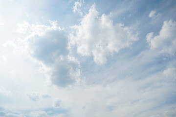 White fluffy clouds in the sky. Blue sky and cloud cover on a sunny summer day. Empty background,...