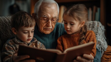 Grandfather reading to grandchildren in cozy living room with natural light and autumn colors in the background during afternoon hours