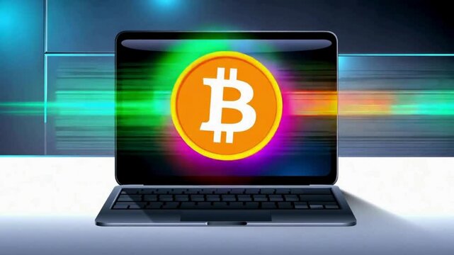 Projection or animation of a dynamic bitcoin icon or logo is displayed on pixel laptop screen as a symbol for the power of trading crypto currencies and digital assets allowing financial security prov