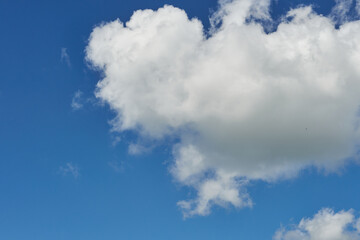 White fluffy clouds in the sky. Blue sky and cloud cover on a sunny summer day. Empty background, copy space