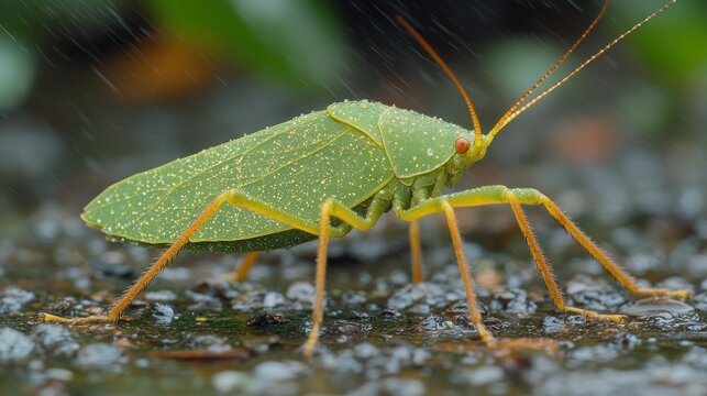 Close-up of a vibrant green insect on wet ground.  Rain droplets are visible on the surface
