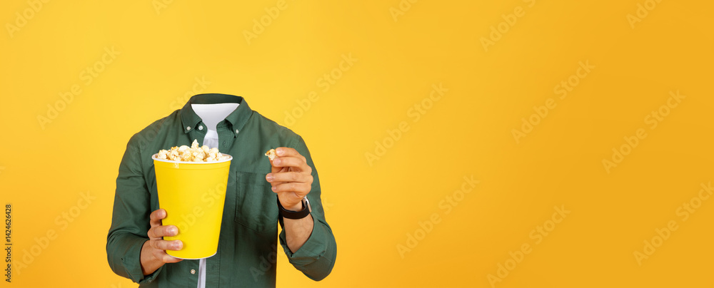 Poster a headless figure enjoys popcorn in a bright yellow setting, embodying a playful and fun atmosphere.