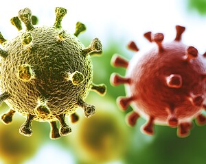 Virus close-up, vibrant colors, blurred background