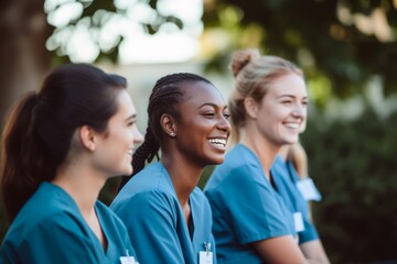 diverse group of smiling female nurses at training at college