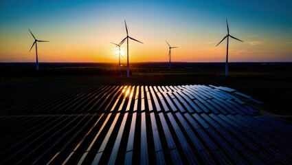 Windmill turbines generating green energy electric.Solar panels park and wind turbines at sunset.Green energy reduce carbon emissions and makes earth cleaner and more ecological.