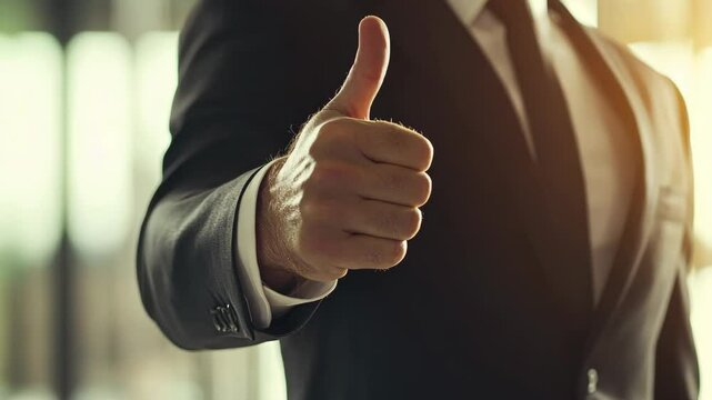 Confident thumbs up gesture by businessman in formal suit
