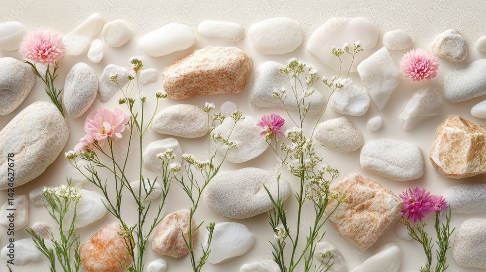 Aufkleber Variety of stones and flowers arranged artfully on a soft background during a creative design session
