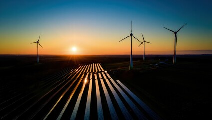 Windmill turbines generating green energy electric.Solar panels park and wind turbines at sunset.Green energy reduce carbon emissions and makes earth cleaner and more ecological.