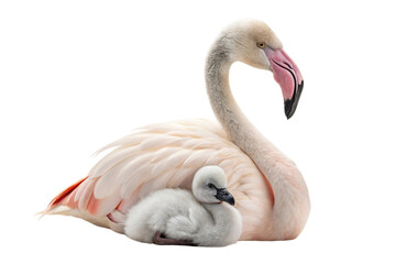 Fototapeta premium Flamingo caring for its chick in a serene setting, showcasing nurturing wildlife behavior for educational and creative purposes