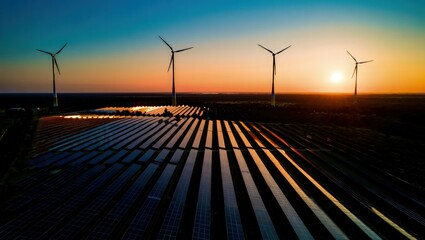 Windmill turbines generating green energy electric.Solar panels park and wind turbines at sunset.Green energy reduce carbon emissions and makes earth cleaner and more ecological.