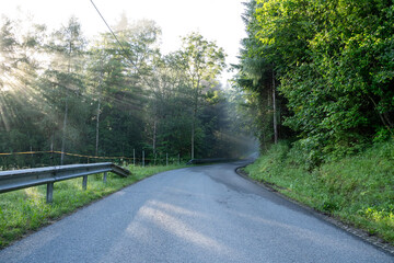 Mountain road on a sunny and foggy morning