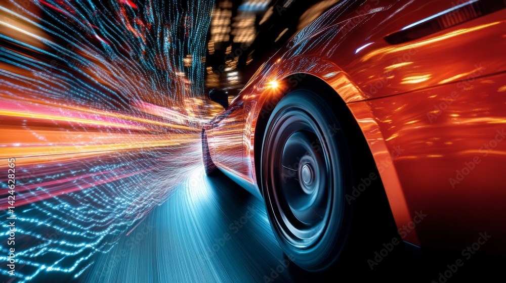 Poster a dynamic shot of a car in motion with bass vibrations visible, showcasing the powerful sound system