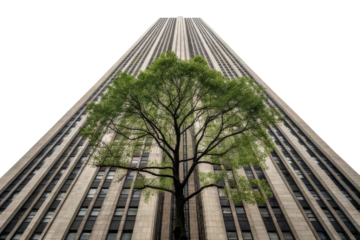 Urban nature juxtaposition showcases a tree growing near a tall building in a bustling city environment